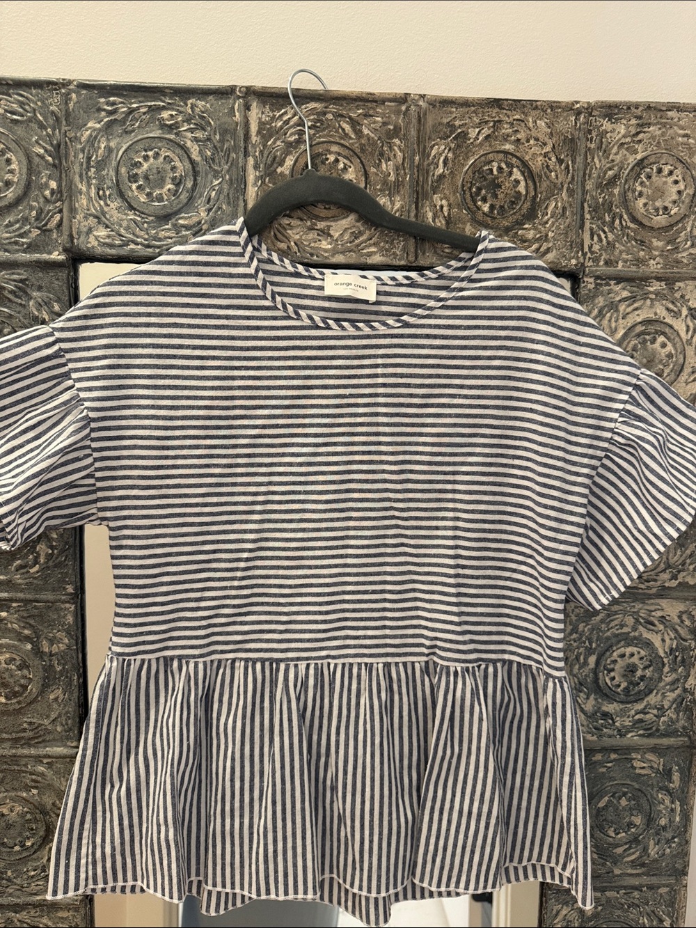 orange creek Navy and White Striped Peplum Top. Linen
